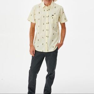 DJAB Hula Pastel Yellow Cotton Short Sleeve Button Up Shirt Size L